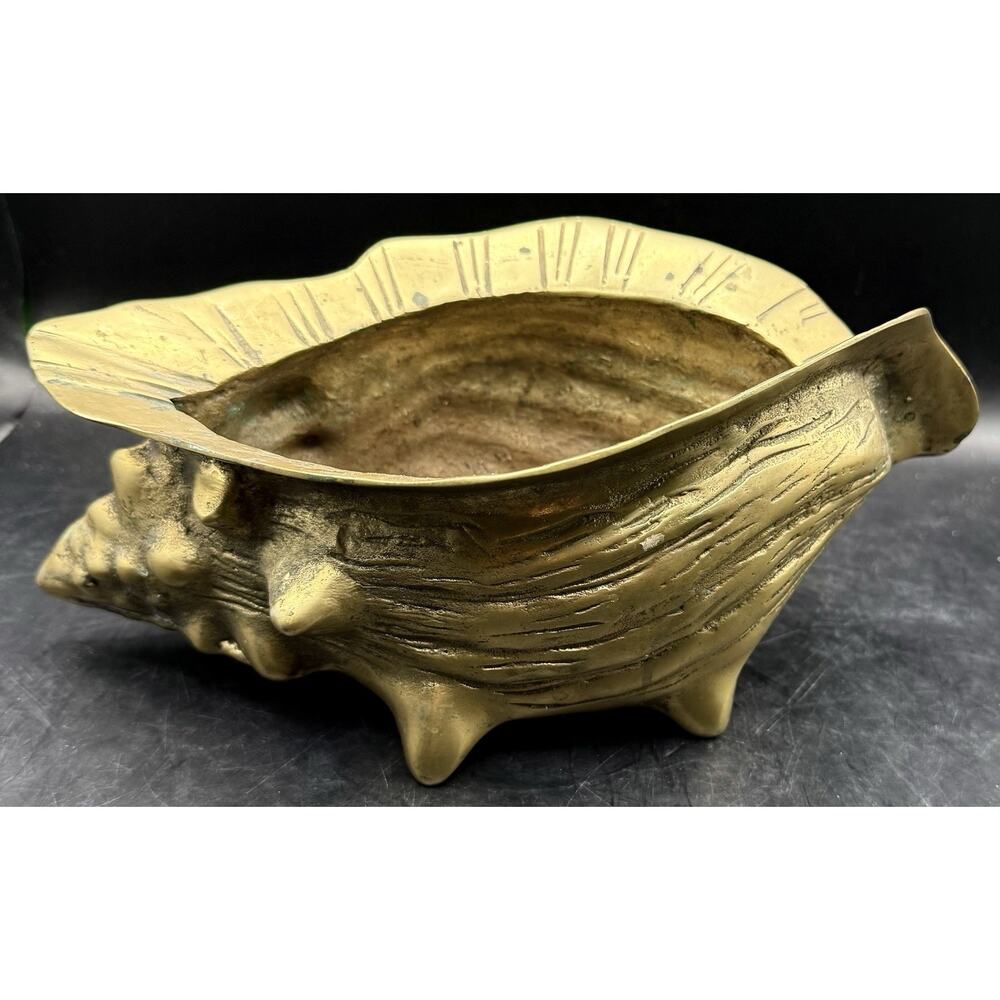 VTG Solid Brass Conch Seashell Vase Planter Home Decor 8” MCM